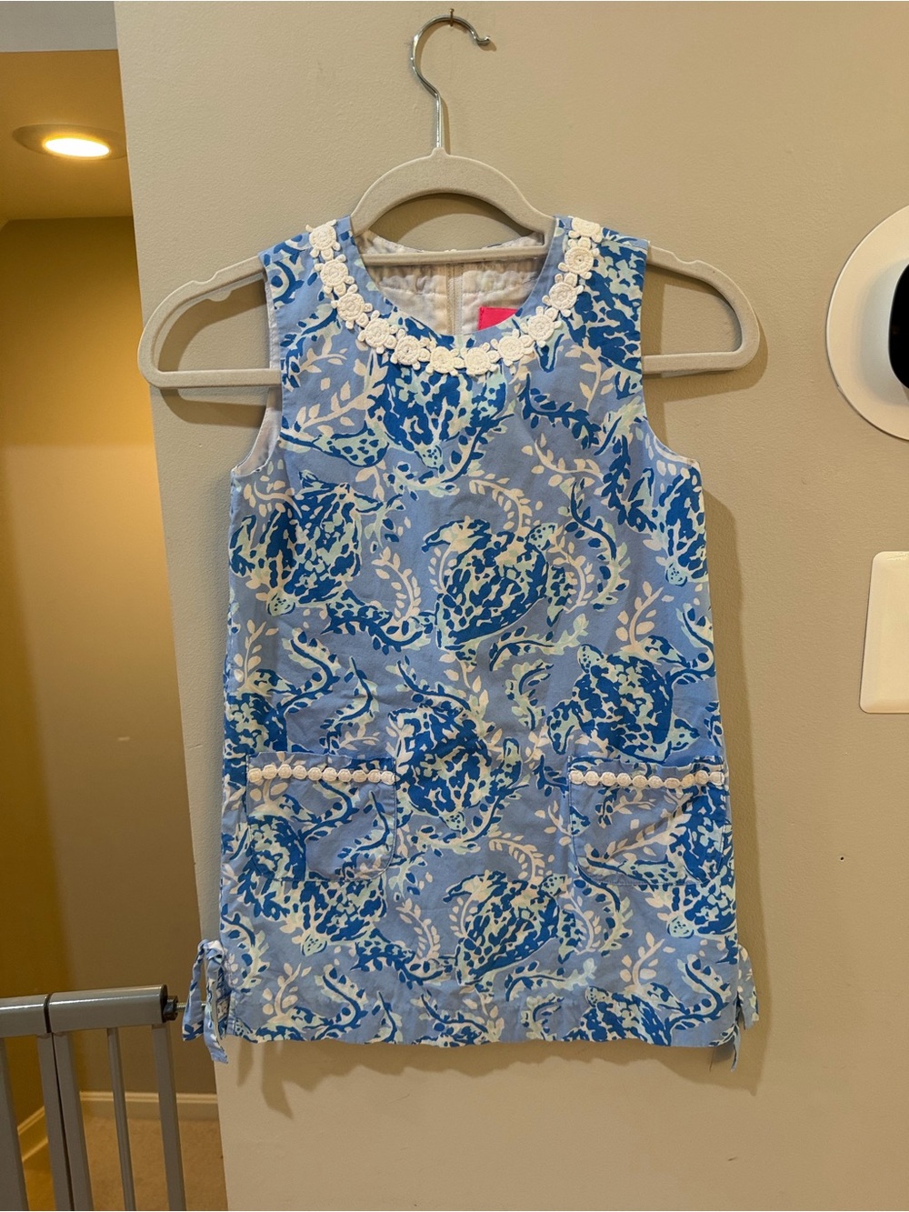 Lilly Pulitzer Girls Blue and White Floral Sleeveless Shift Dress with Lace Trim
